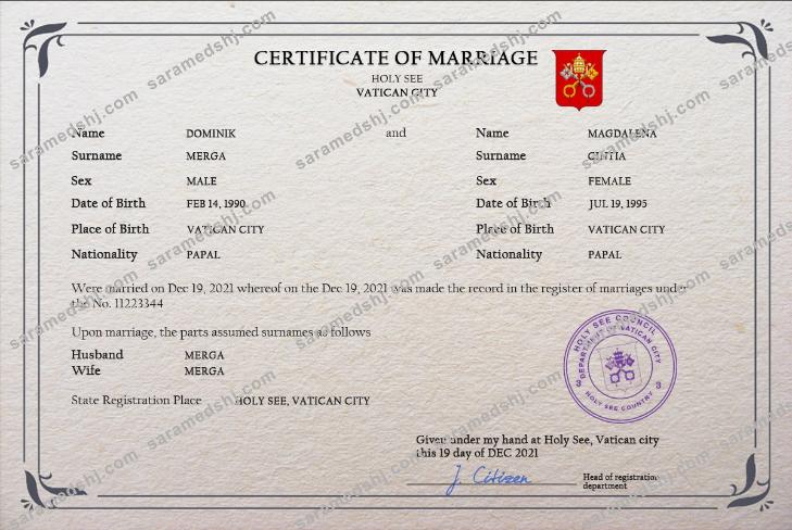 Holy See marriage certificate PSD template